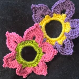 Crochet Flower Hair Scrunchies - Pink, Purple, Yellow, Green
